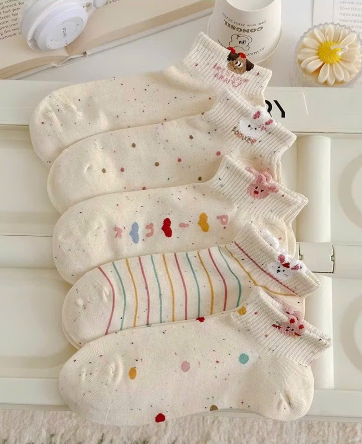 Combo 10 Đôi Tất Thỏ Bông Chấm Bi Cổ Ngắn Hình Dễ Thương - Ảnh 2