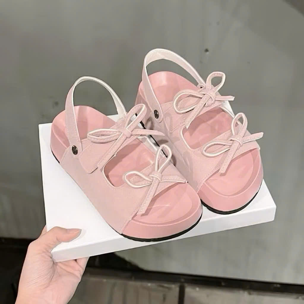 Sandal Nữ A30 2 quai nơ nhí (fom to lùi 1 size )đi được 2 kiểu xé dán tiện lợi cao 3cm da lộn mềm êm mũi tròn - Ảnh 3