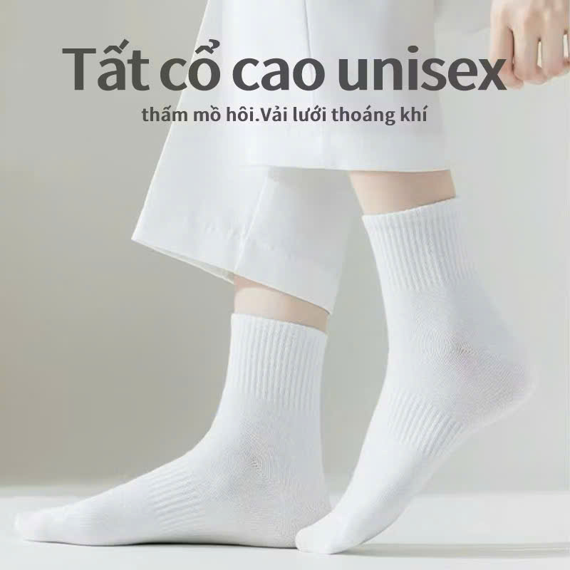 Mua 10 đôi sẽ tiết kiệm hơn Vớ cao cổ unisex, màu trơn trắng, thoáng khí và thấm hút mồ hôi
