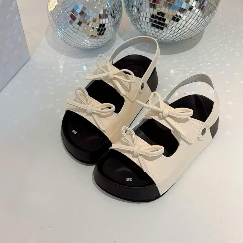 Sandal Nữ A30 2 quai nơ nhí (fom to lùi 1 size )đi được 2 kiểu xé dán tiện lợi cao 3cm da lộn mềm êm mũi tròn - Ảnh 2