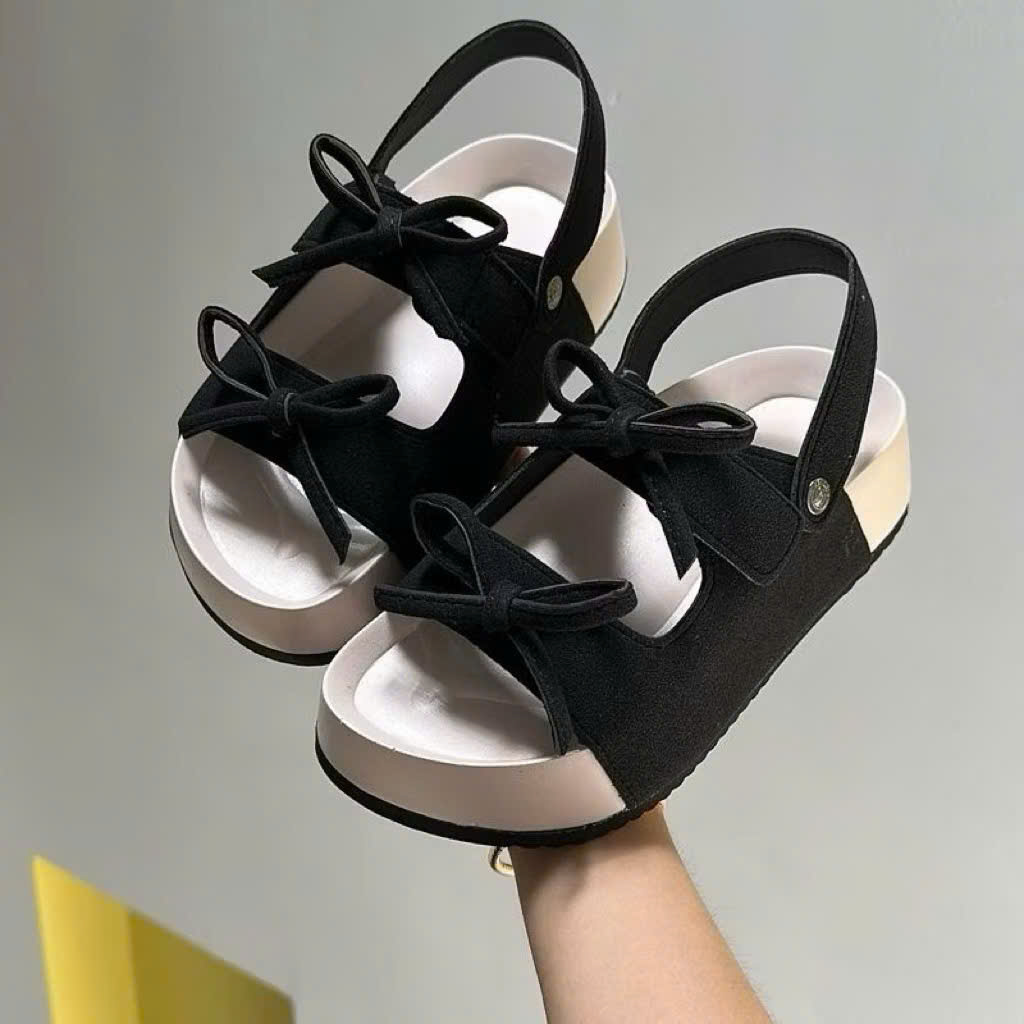 Sandal Nữ A30 2 quai nơ nhí (fom to lùi 1 size )đi được 2 kiểu xé dán tiện lợi cao 3cm da lộn mềm êm mũi tròn - Ảnh 4