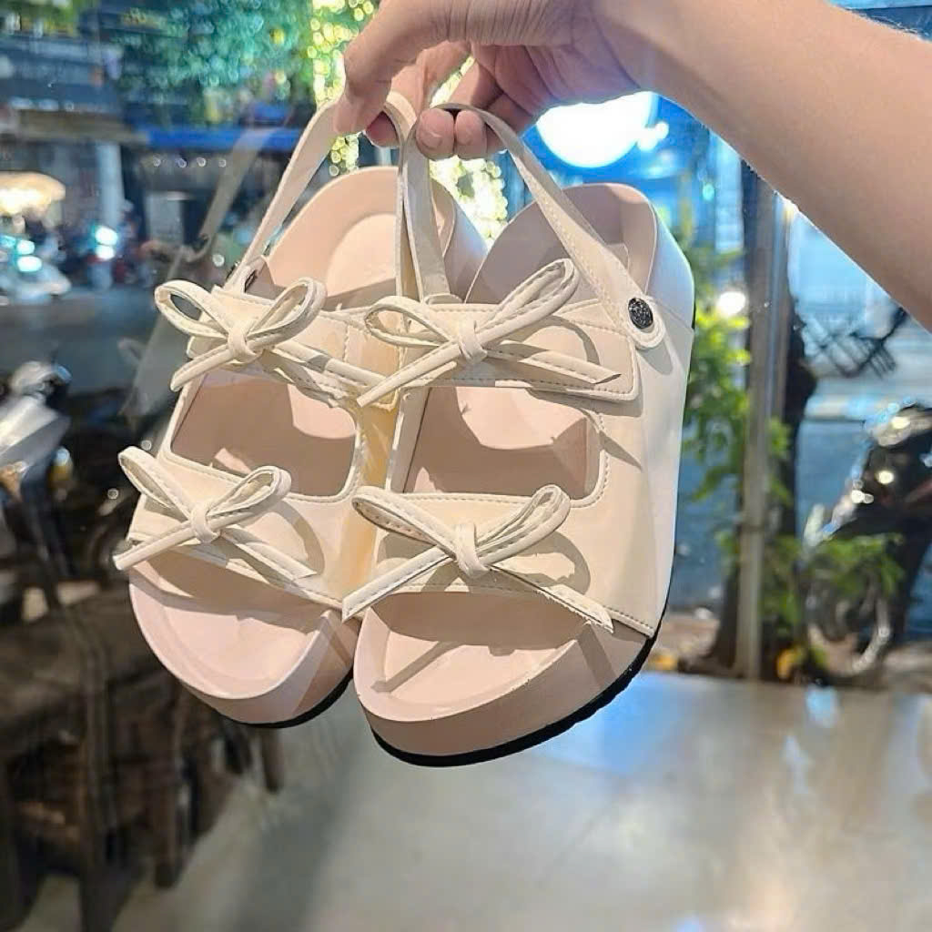 Sandal Nữ A30 2 quai nơ nhí (fom to lùi 1 size )đi được 2 kiểu xé dán tiện lợi cao 3cm da lộn mềm êm mũi tròn