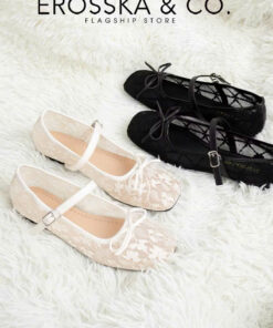 EROSSKA [FORM TO LÙI 1 SIZE] - Giày búp bê nữ balletcore lưới quai ngang phối nơ màu trắng kem