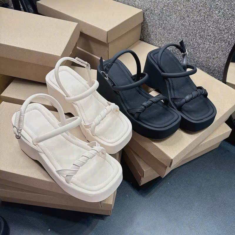 Dép sandal đế xuồng nữ quai dây mảnh xoắn mềm, giày quai hậu bánh mì đế cao 7P - Ảnh 2