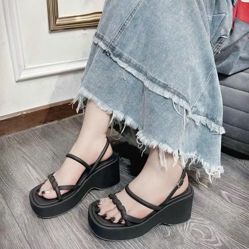 Dép sandal đế xuồng nữ quai dây mảnh xoắn mềm, giày quai hậu bánh mì đế cao 7P - Ảnh 3