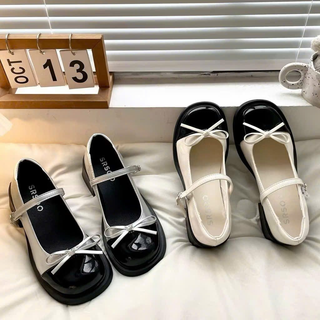 Giày búp bê lolita nữ da bóng cao gót 5p quai dán