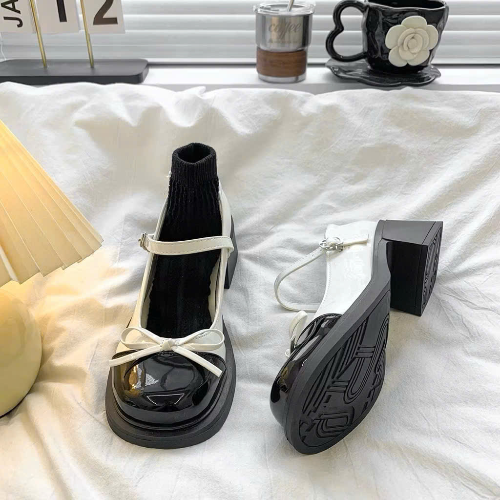 Giày búp bê lolita nữ da bóng cao gót 5p quai dán - Ảnh 2