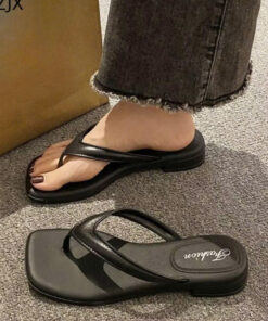 Dép xỏ ngón TMZJX, Dép xỏ ngón vuông màu trơn thanh lịch, Đế mềm chống trượt thoáng khí Dép đi biển cho nữ