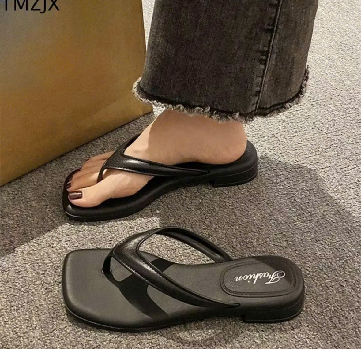 Dép xỏ ngón TMZJX, Dép xỏ ngón vuông màu trơn thanh lịch, Đế mềm chống trượt thoáng khí Dép đi biển cho nữ