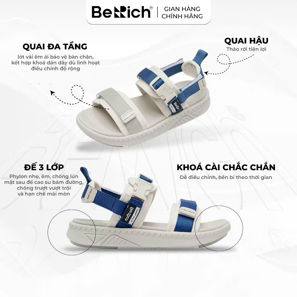 Giày Sandal Berich Nam Nữ 2 Quai Ngang Đi Học Chống Trơn Trượt Êm Bền - Ảnh 3